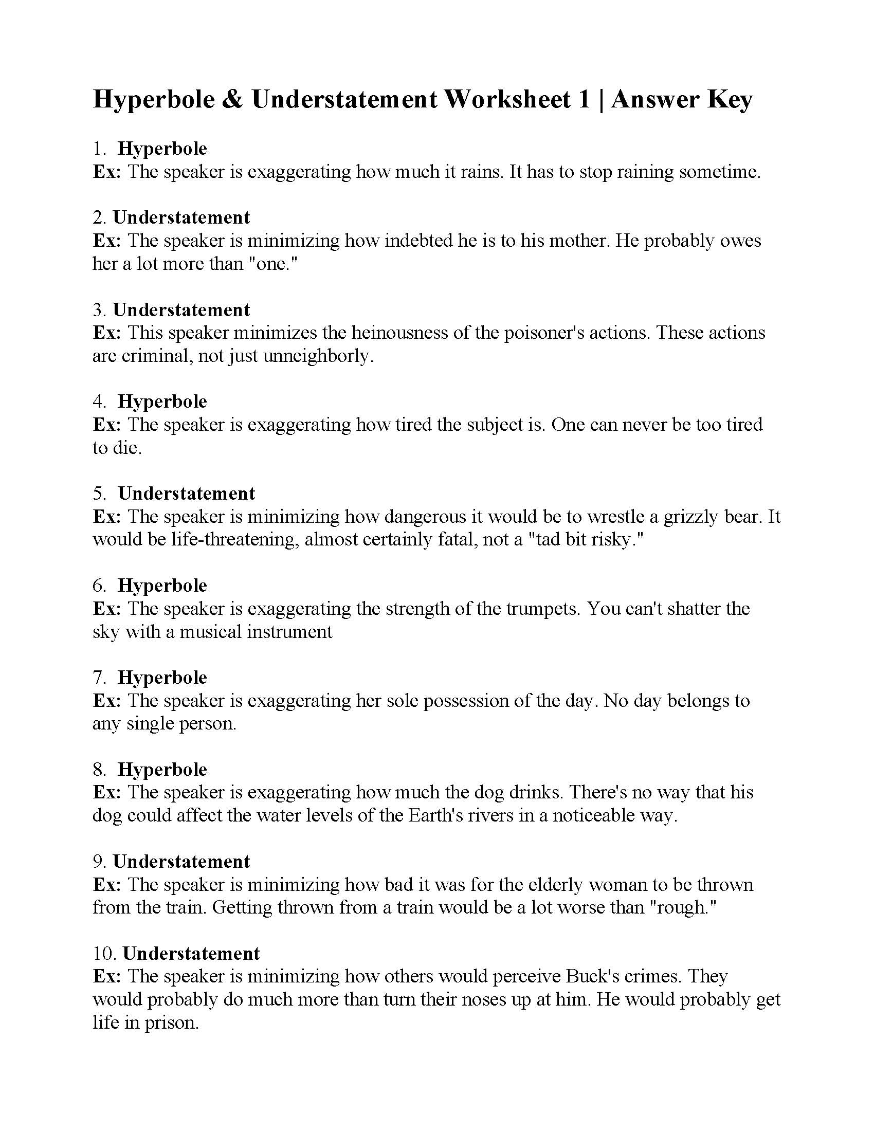 Hyperbole And Understatement Worksheet 1 Answers Docx Name Hyperbole