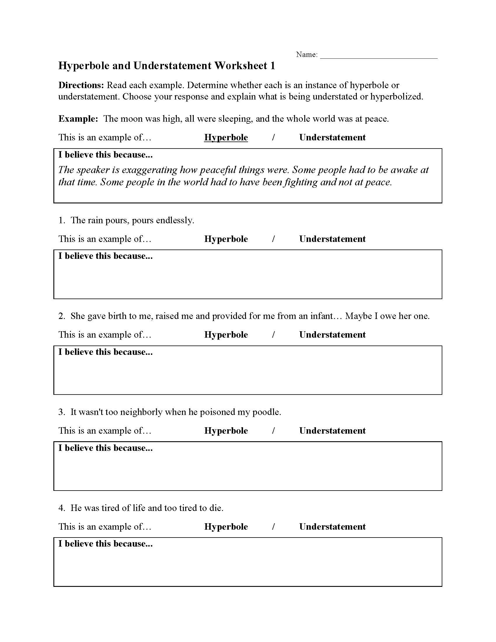 Hyperbole And Understatement Worksheet 1 Answers