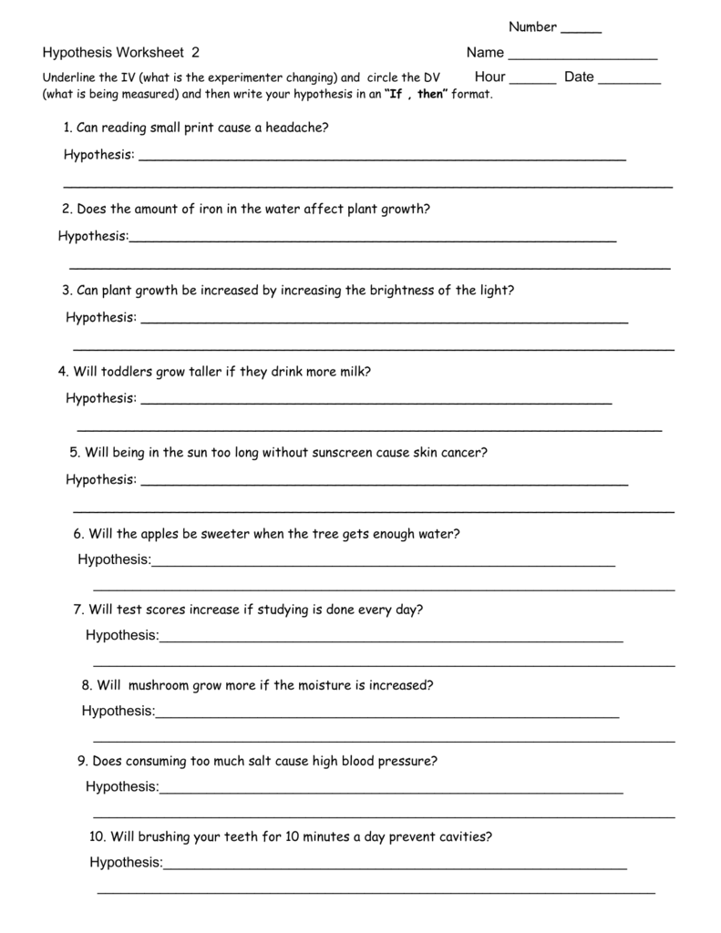 Hypothesis Worksheet 2 Answer Key