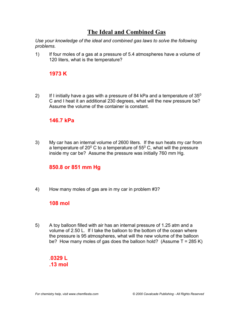 Ideal Gas Law Worksheet Pdf