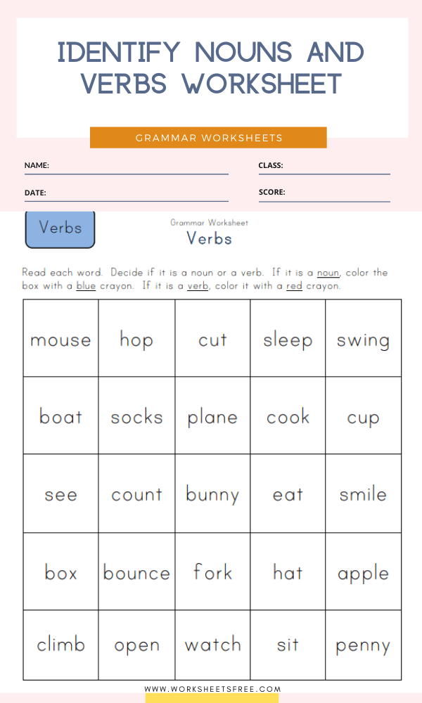 Identify Nouns And Verbs Worksheet