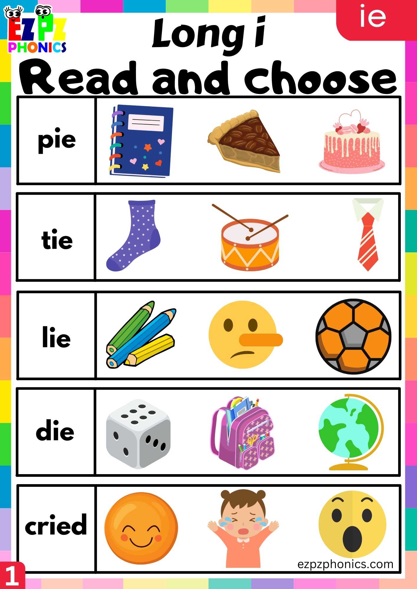 Ie Words Read And Choose Long I Phonics Worksheet Ezpzphonics Com