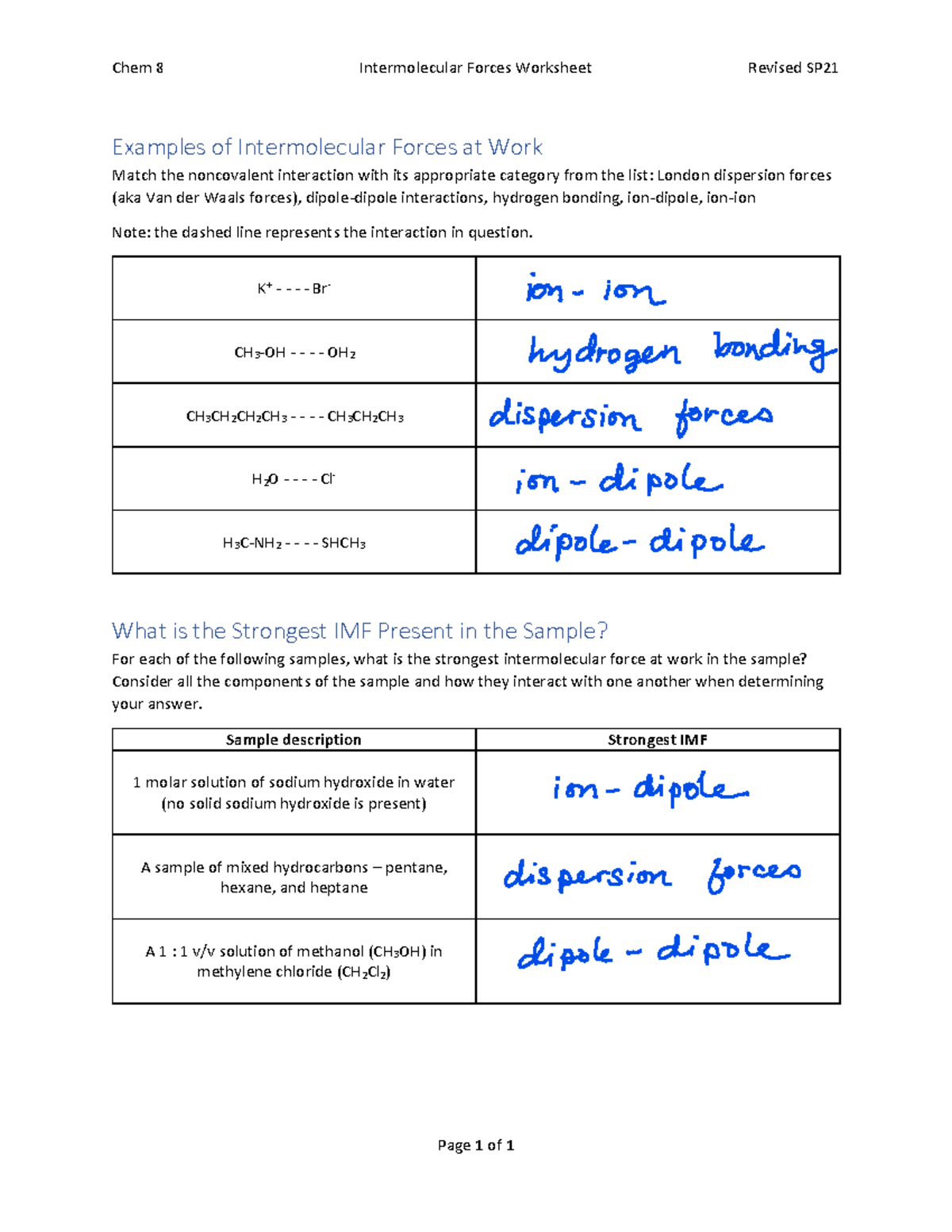 Imfs Worksheet Solutions Chem 8 Intermolecular Forces Worksheet