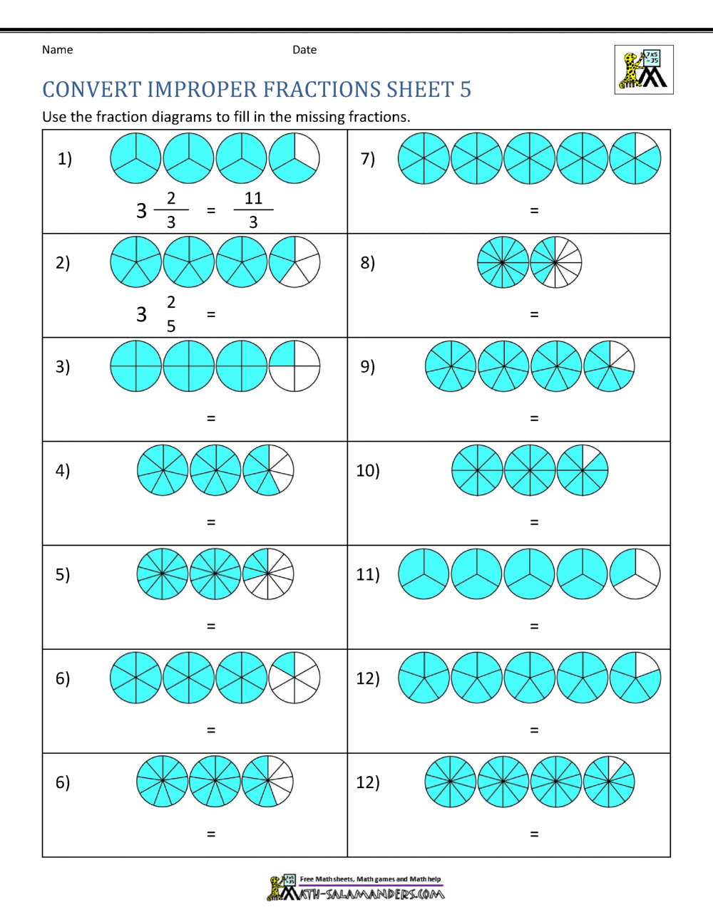 Free Improper Fraction Worksheets for Easy Learning