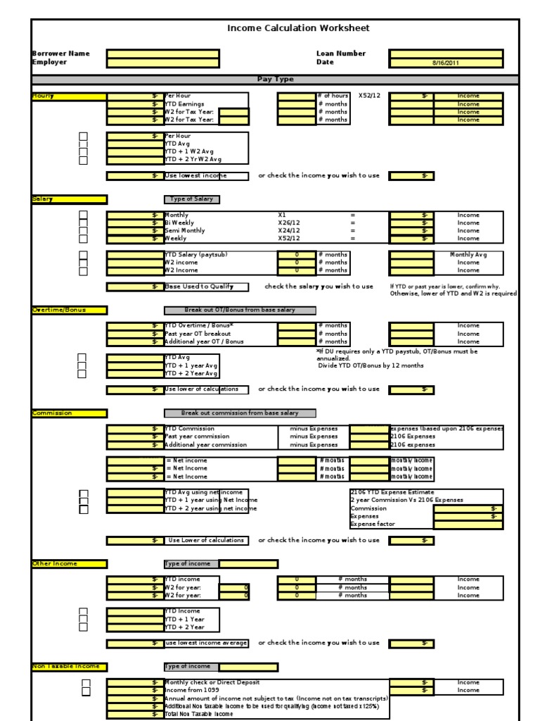 Income Calculation Worksheet For Mortgage