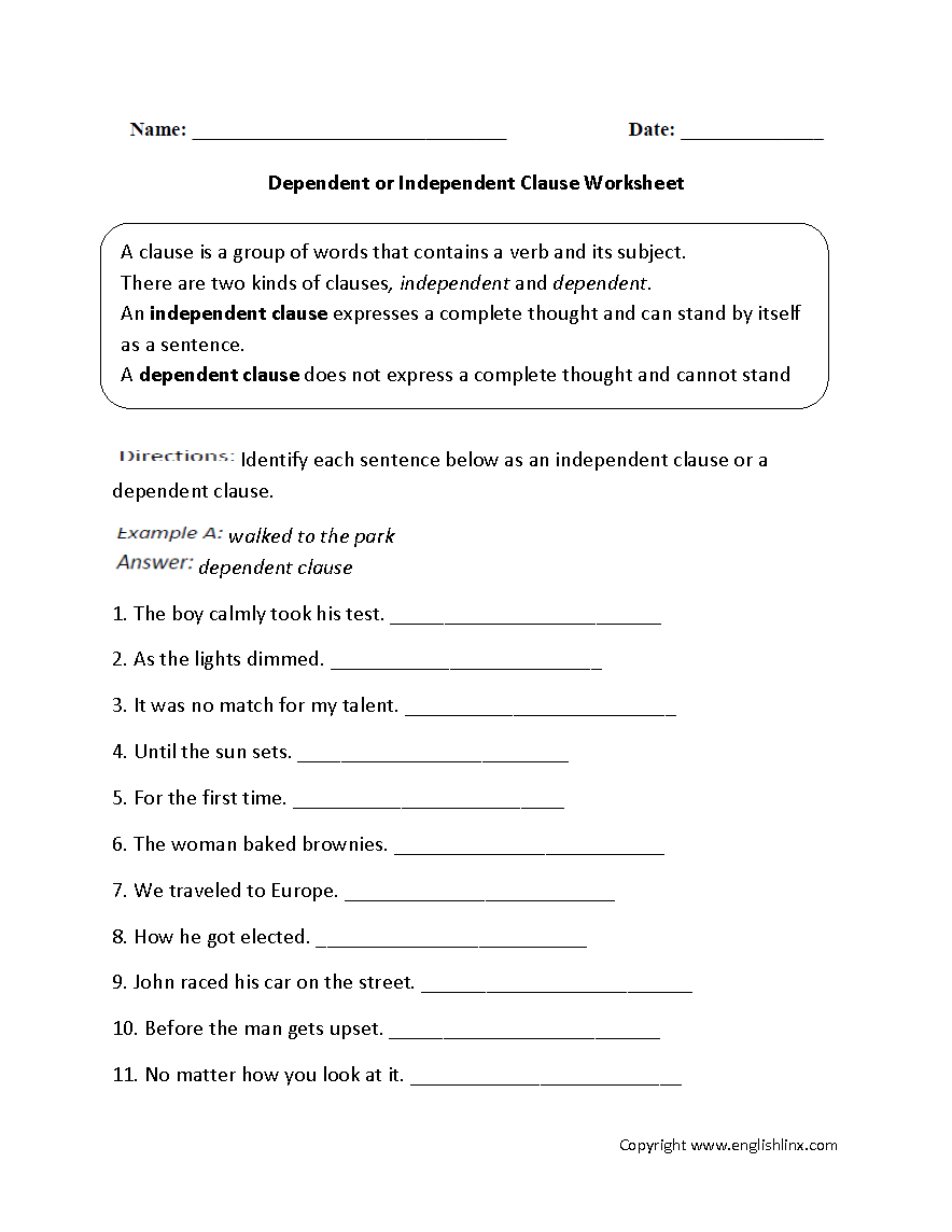 Independent And Dependent Clause Worksheets