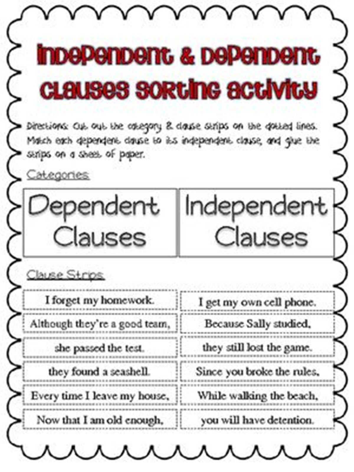 Independent And Dependent Clauses Worksheets