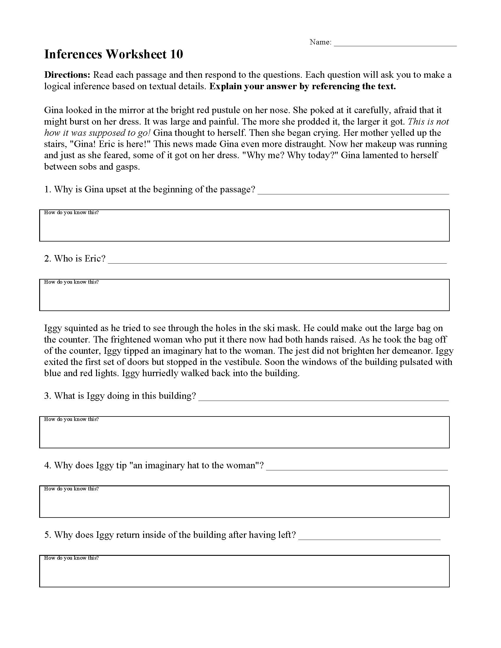 Inferences Worksheet 10 Reading Activity