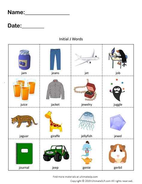 Initial J Words Worksheet Ultimate Slp