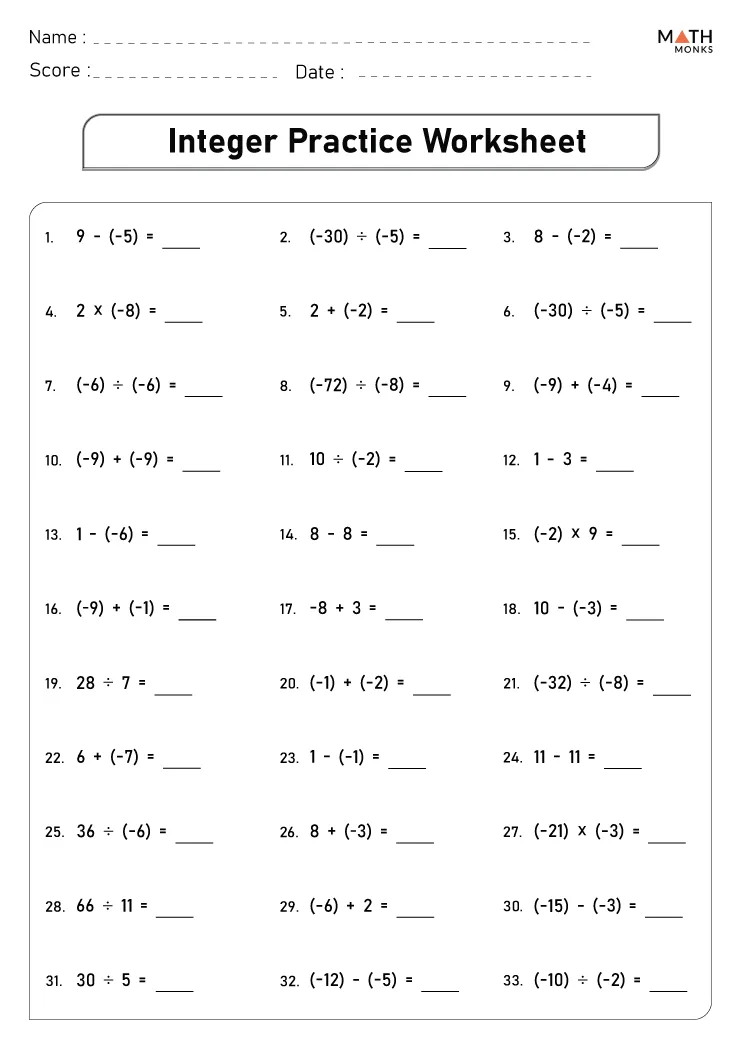 Integer Practice Problems With Answers