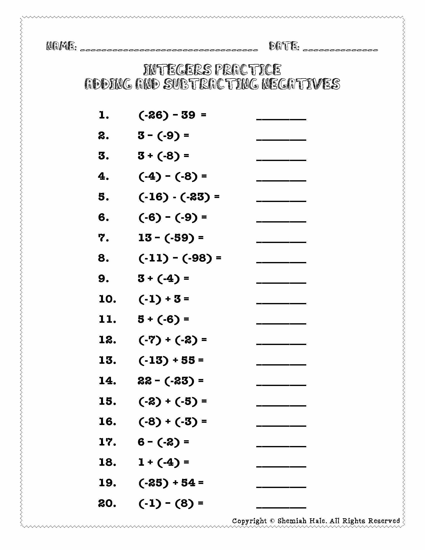 Integers Rules Number Line Notes And Practice Problems Worksheets