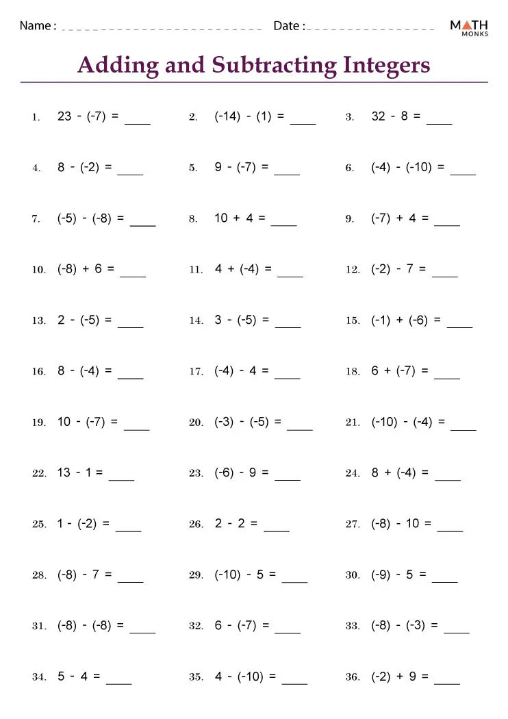 Integer Math Fun: Grade 7 Worksheet Mastery