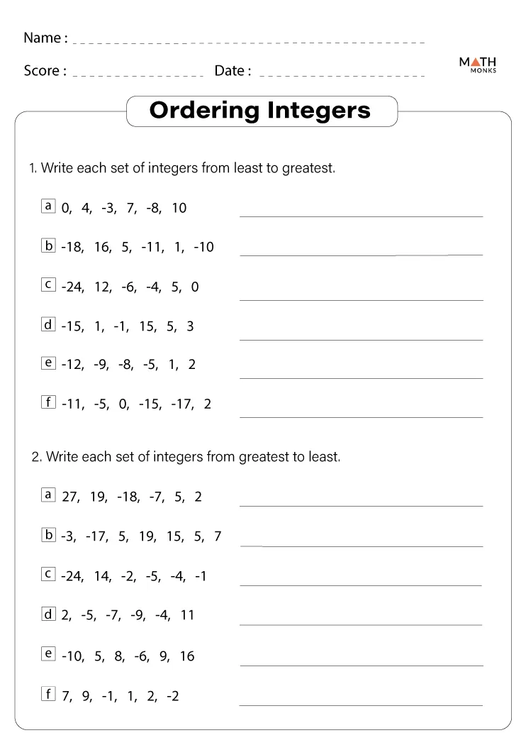 Integers Worksheets Math Monks