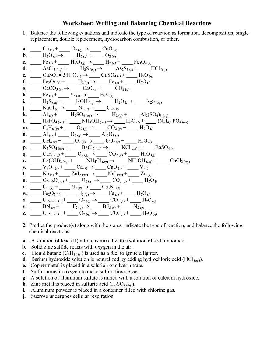 Intro To Chemical Reactions Worksheet Answers