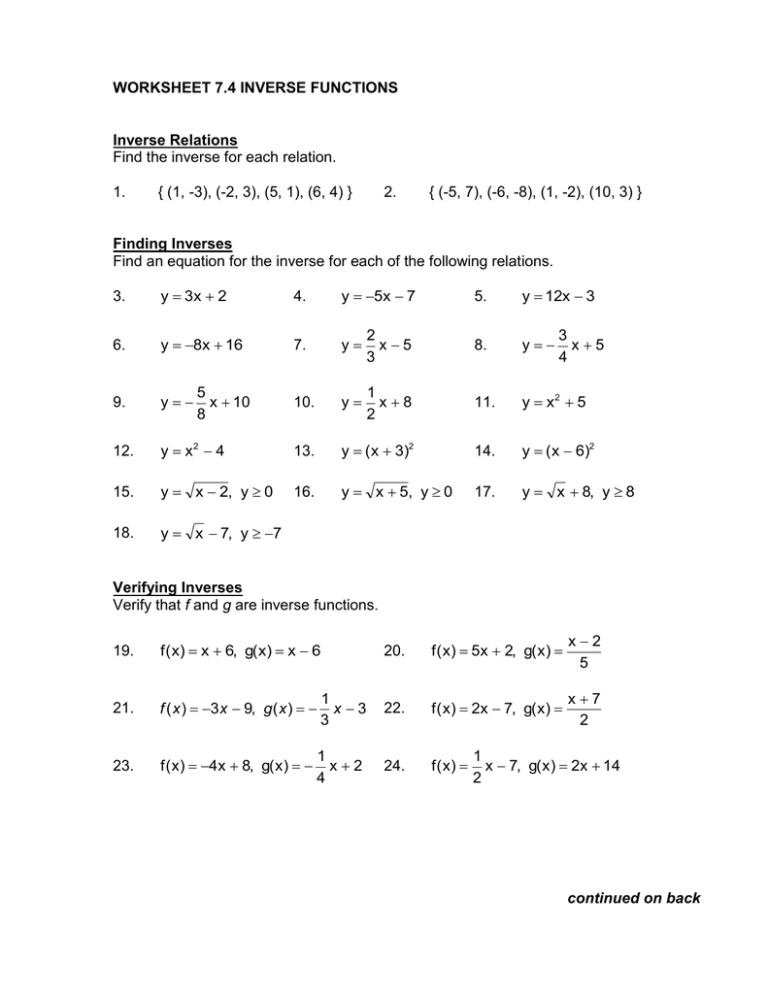 Inverse Functions Worksheet With Answers Pdf