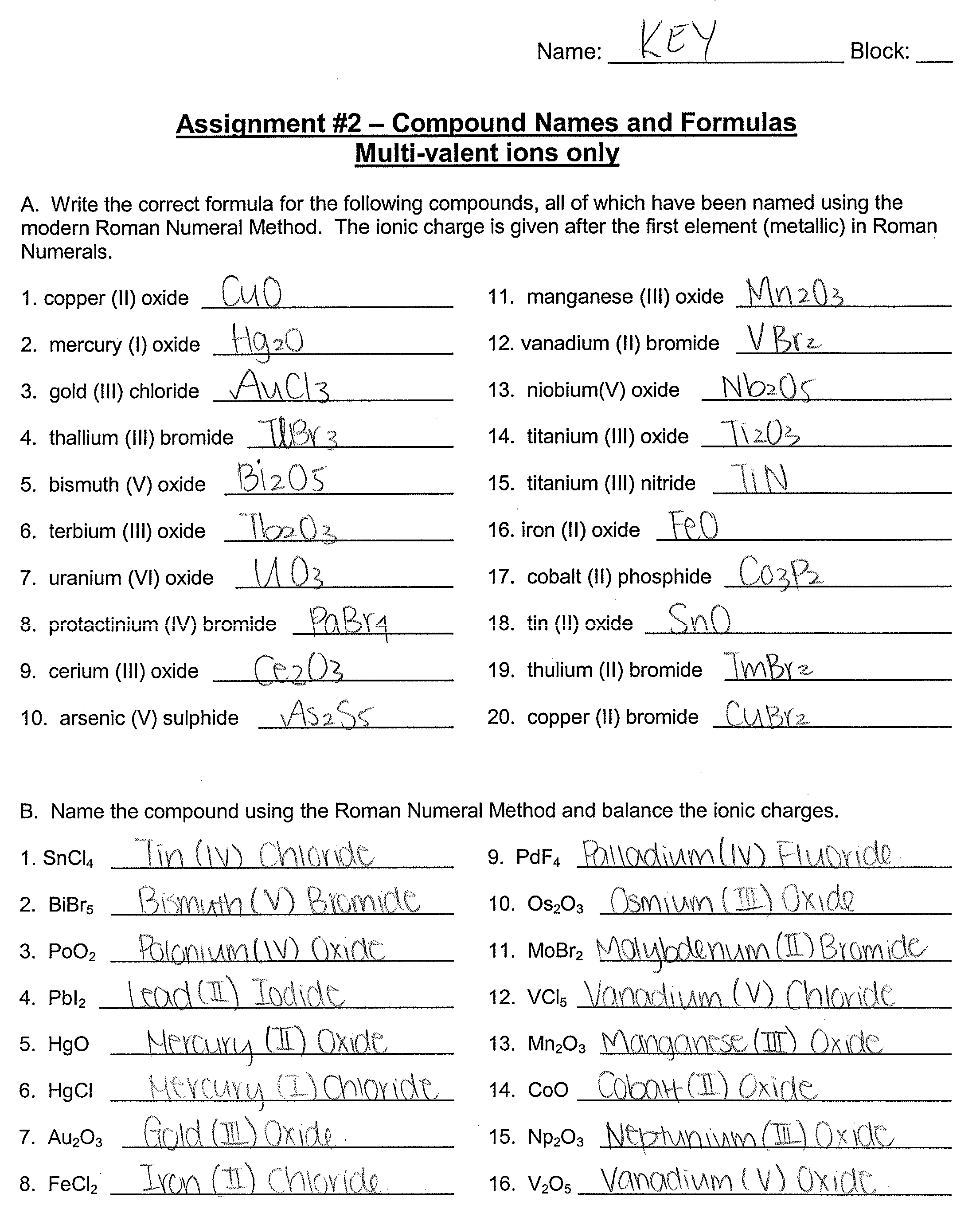 Ionic Bonds Practice Answer Key