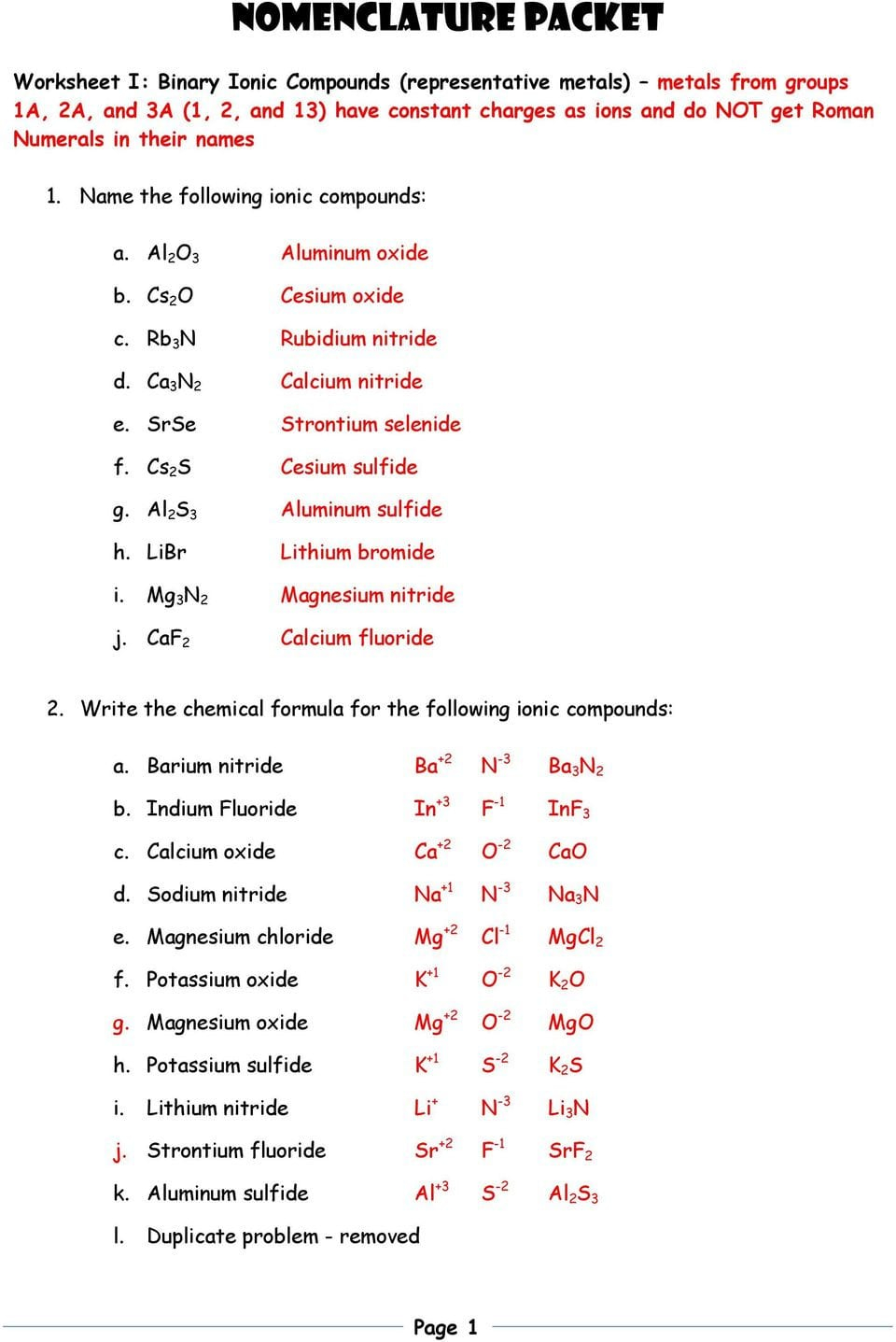 Ionic Compound Naming And Formula Writing Worksheet