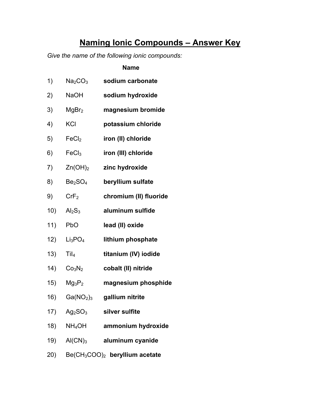 Ionic Compounds Worksheet And Answers Science 9Th Grade