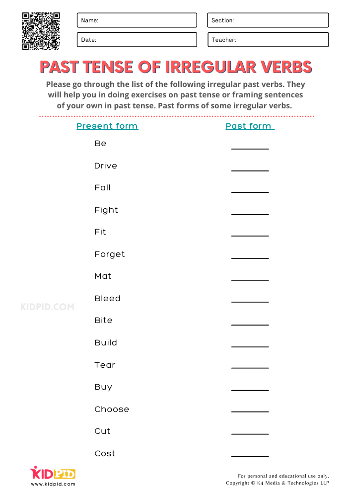 Irregular Past Tense Verbs Worksheets Free English Worksheets