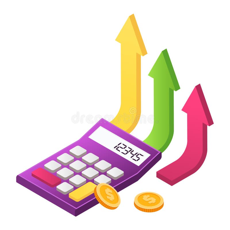 Isometric Calculator With Rising Arrows And Coins Concept Of Financial