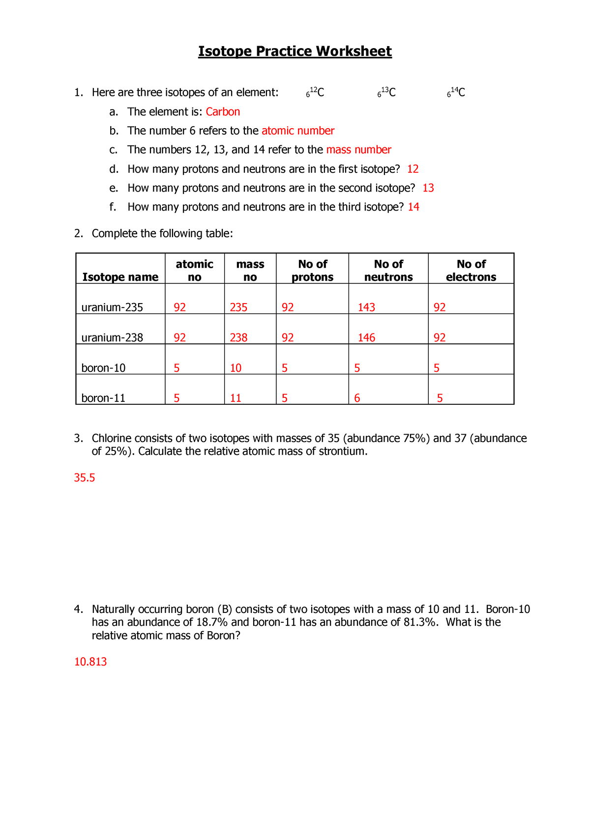 Isotope Gen Chem Isotope Practice Worksheet Here Are Three Isotopes