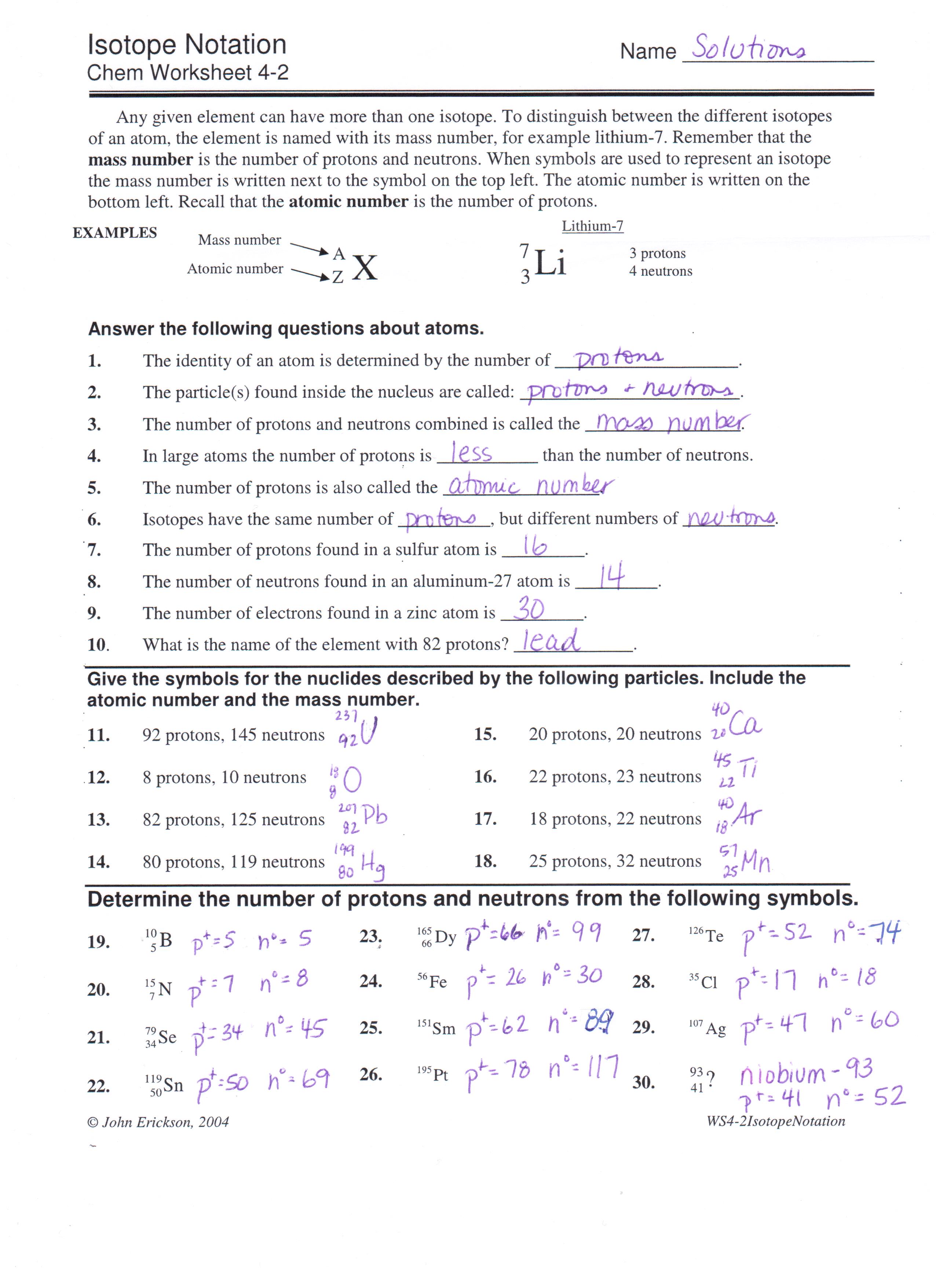 Isotope Notation Chemistry Worksheet 20 Problems With Answers Tpt