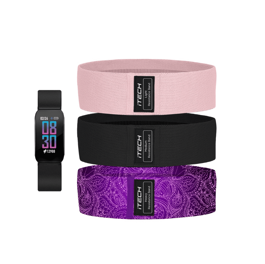 Itech Active Black Fitness Tracker Bundle With Blush Black Purple Print Resistance Bands