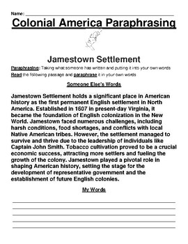 Jamestown Settlement Paraphrasing Worksheet By Academic Links Tpt