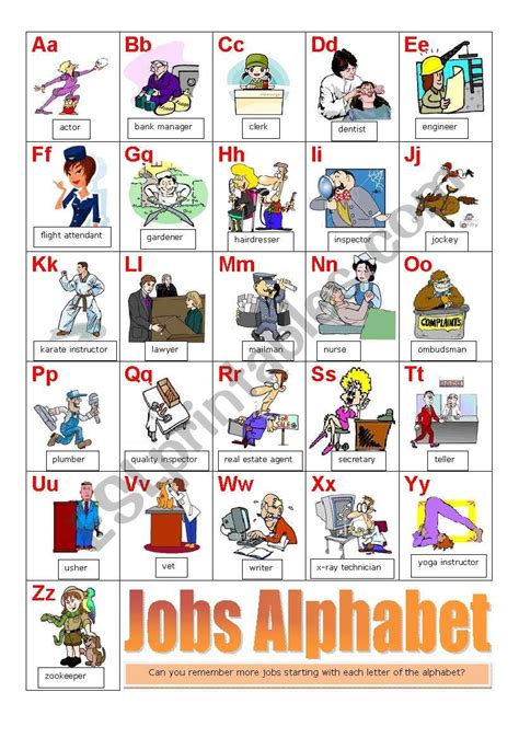 Jobs Alphabet Esl Worksheet By Zailda