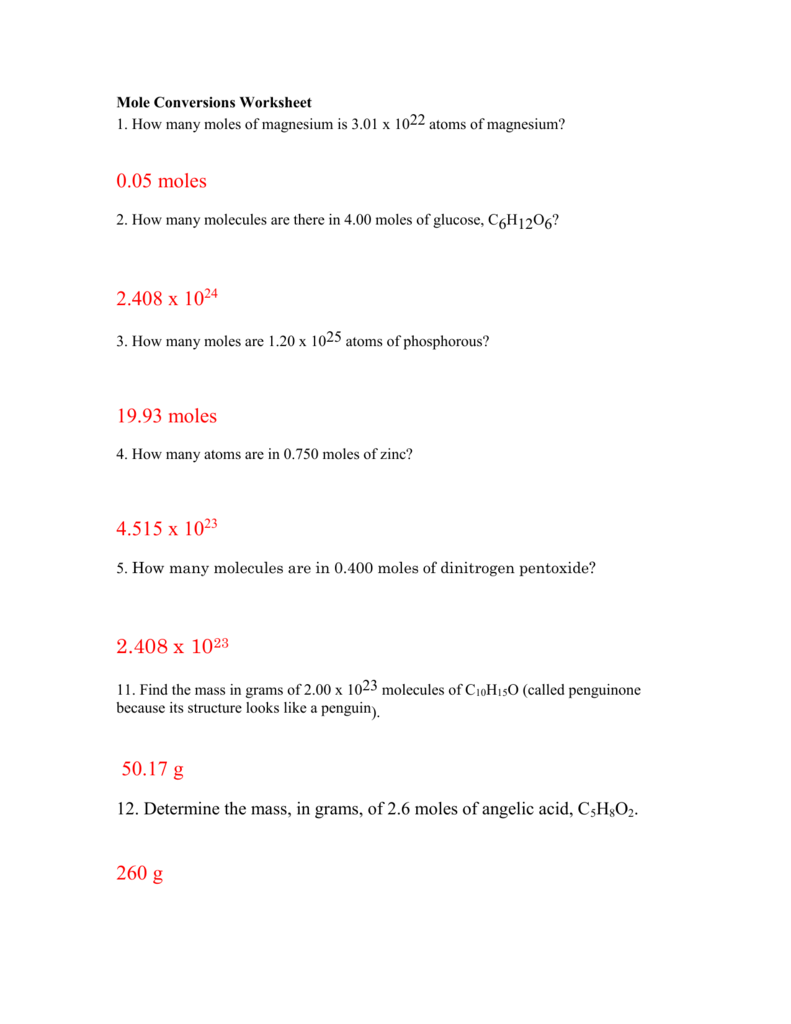 Key Mole Gram Conversion Worksheet 1 Pdf Name Period Date Convert