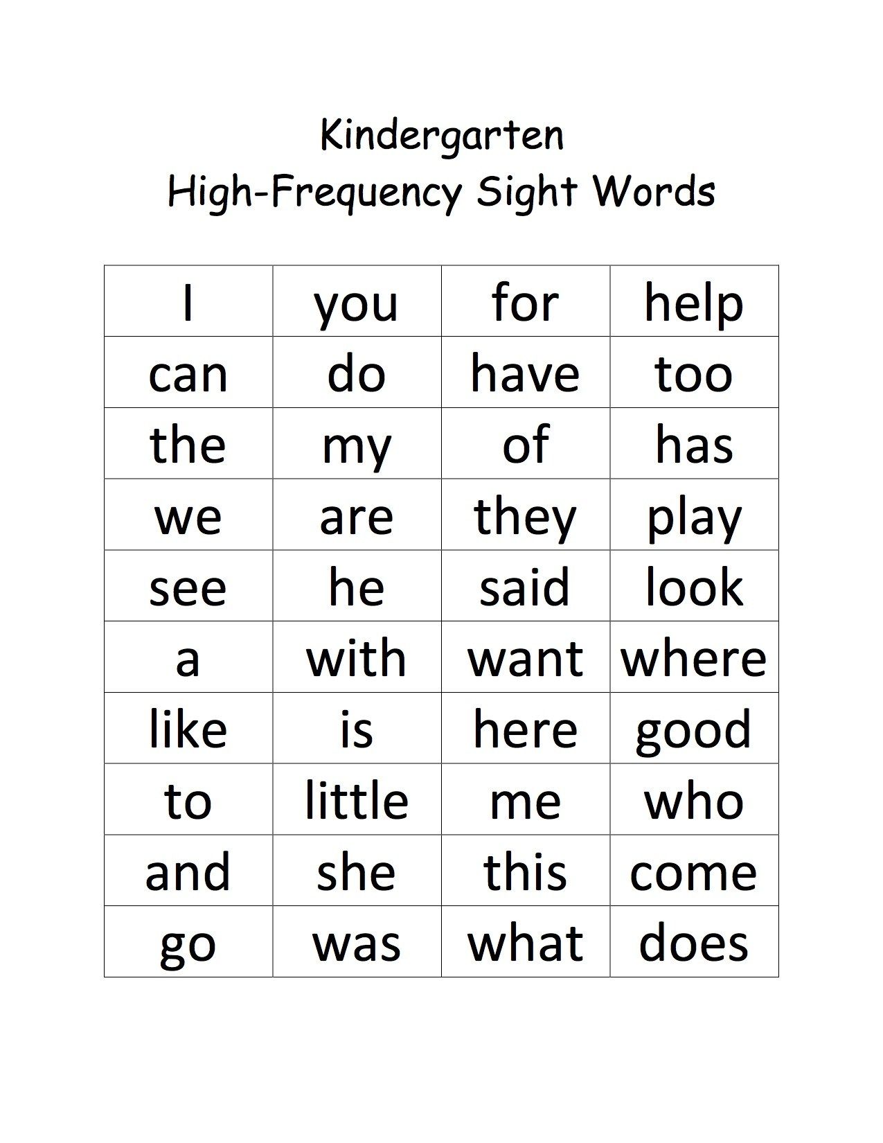 Kindergarten High Frequency Words Kindergarten