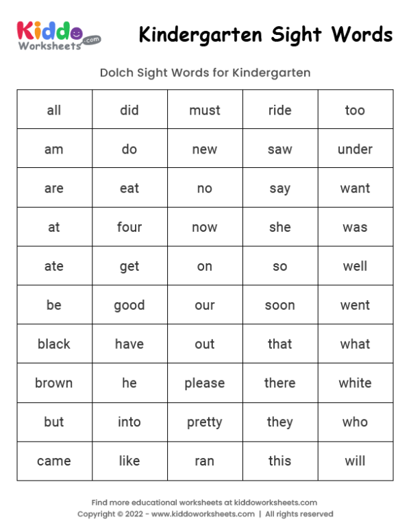 Kindergarten Worksheets We Have A Series Of Free Sight Words