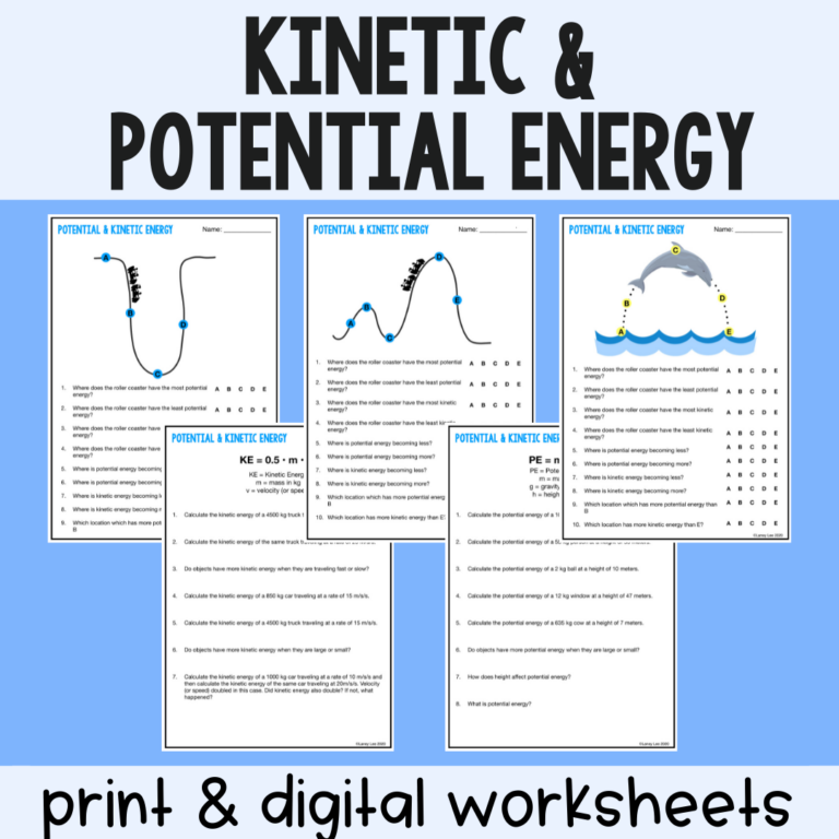 Kinetic And Potential Energy Practice Worksheets Digital Version