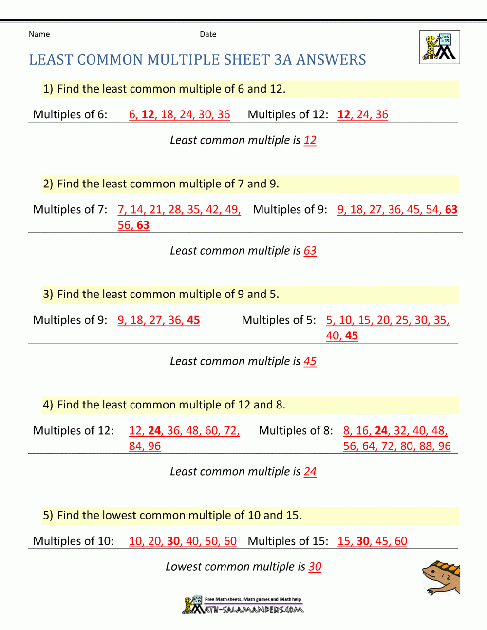 Least Common Multiple Worksheet With Answers