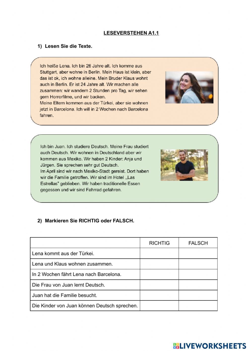 Leseverstehen A1 1 Worksheet Learn German Learning German Worksheets German Language Learning