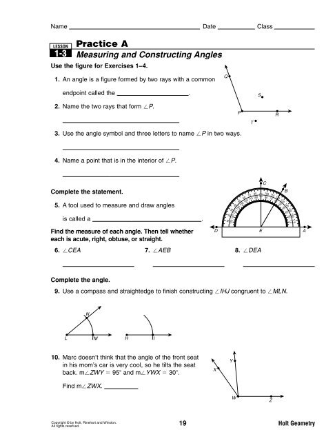 Lesson 1 3 Measuring And Constructing Angles Worksheet Answers Practice