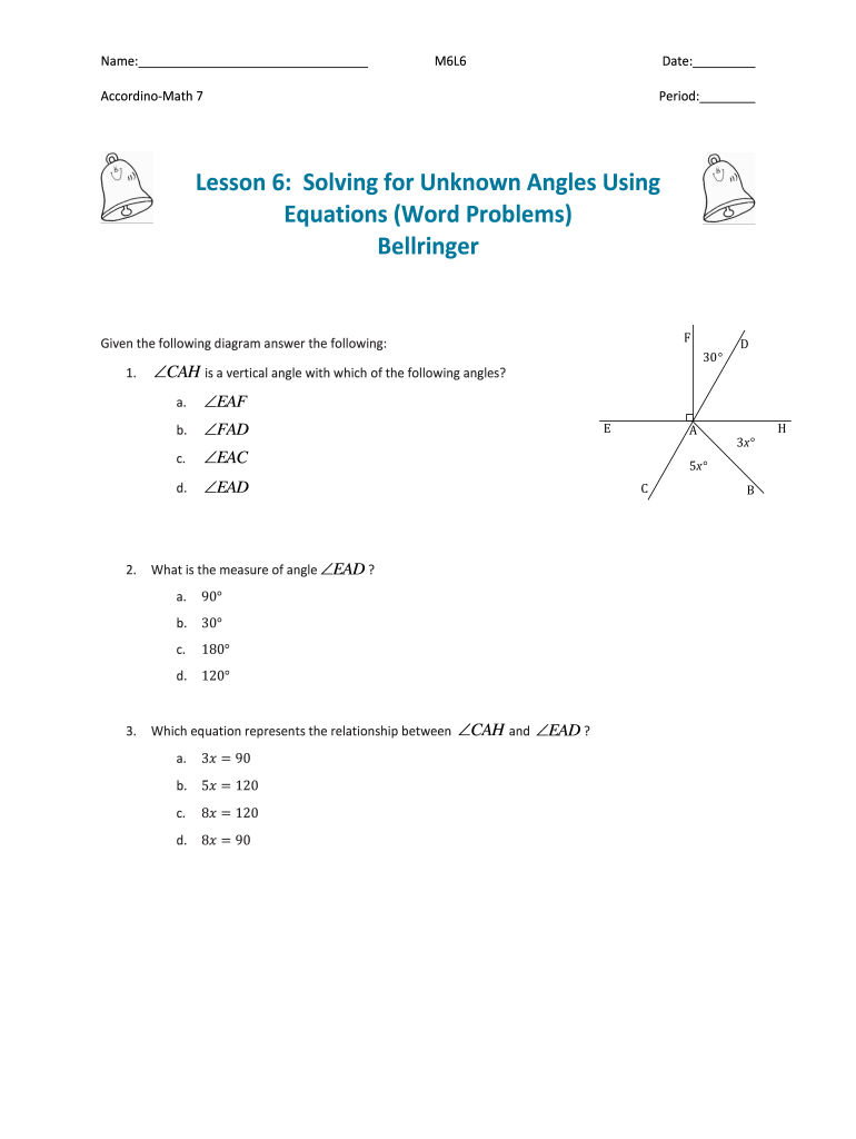 Lesson 6 Solving For Unknown Angles Using Equations Answer Key Fill Online Printable