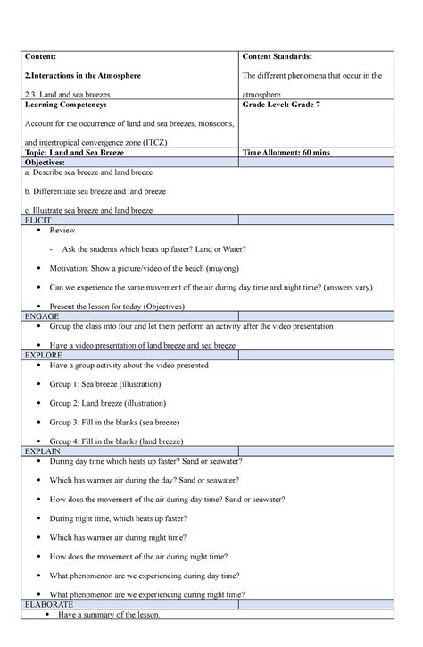 Lesson Plan Sea Breeze And Land Breeze G7 Content 2 In The Atmosphere 2 Land And Sea