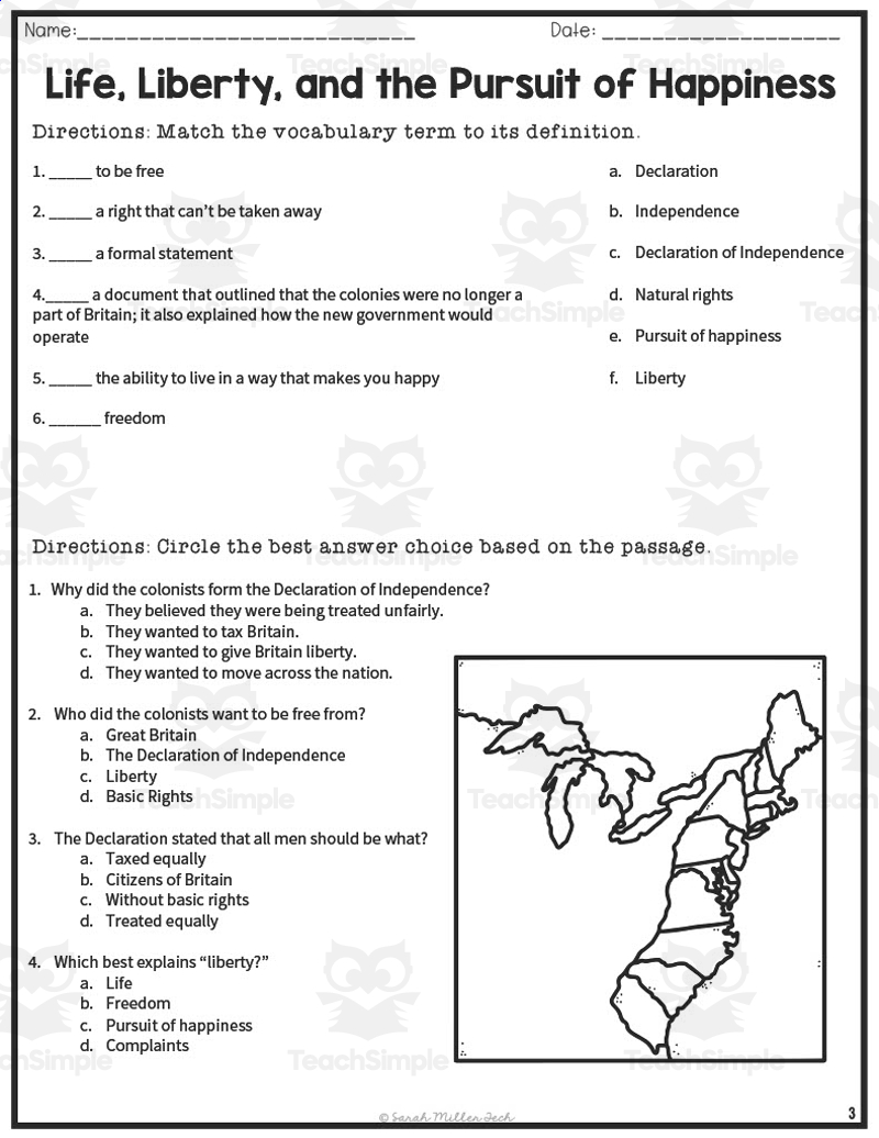 Life Liberty And The Pursuit Of Happiness Reading Packet Distance