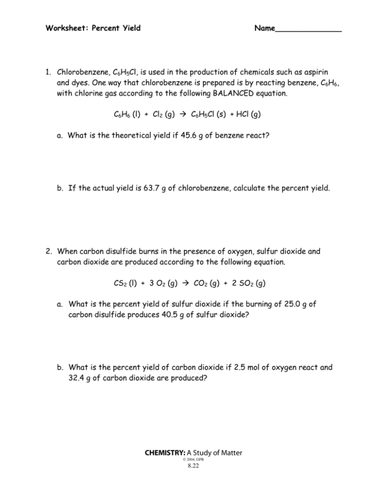 Limiting Reactant And Percent Yield Worksheet Pdf