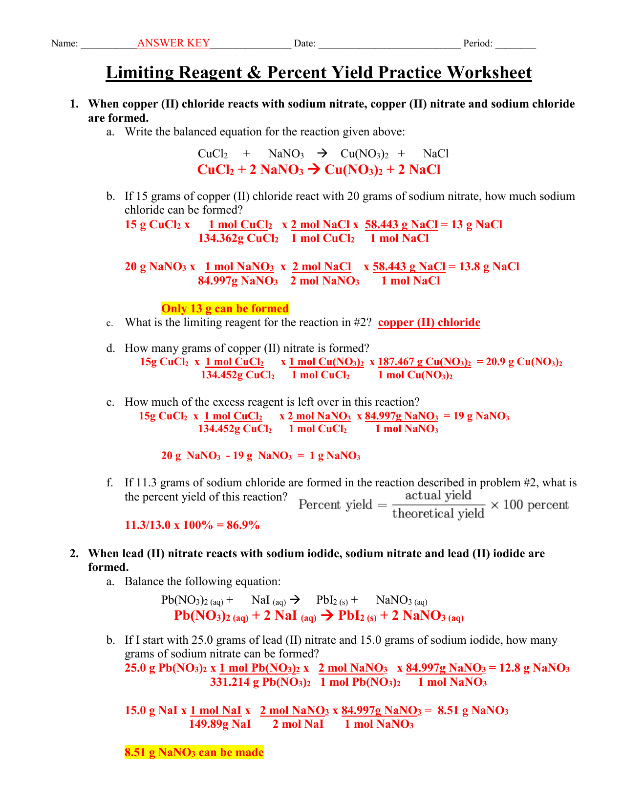 Limiting Reactant And Percent Yield Worksheet Remotepc Com