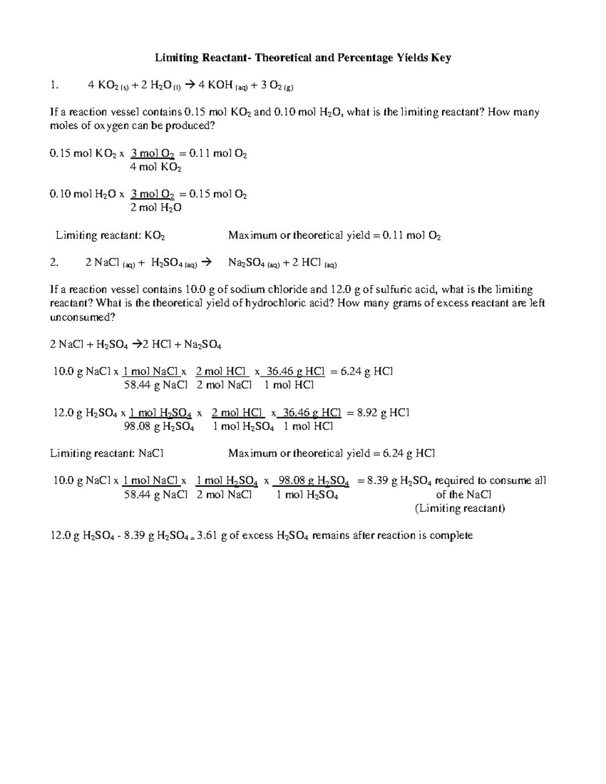 Limiting Reactant Worksheet Pdf