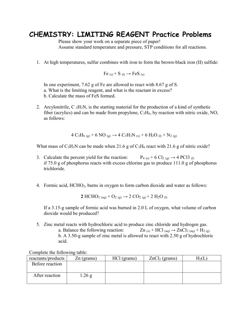 Limiting Reagent Practice Problems