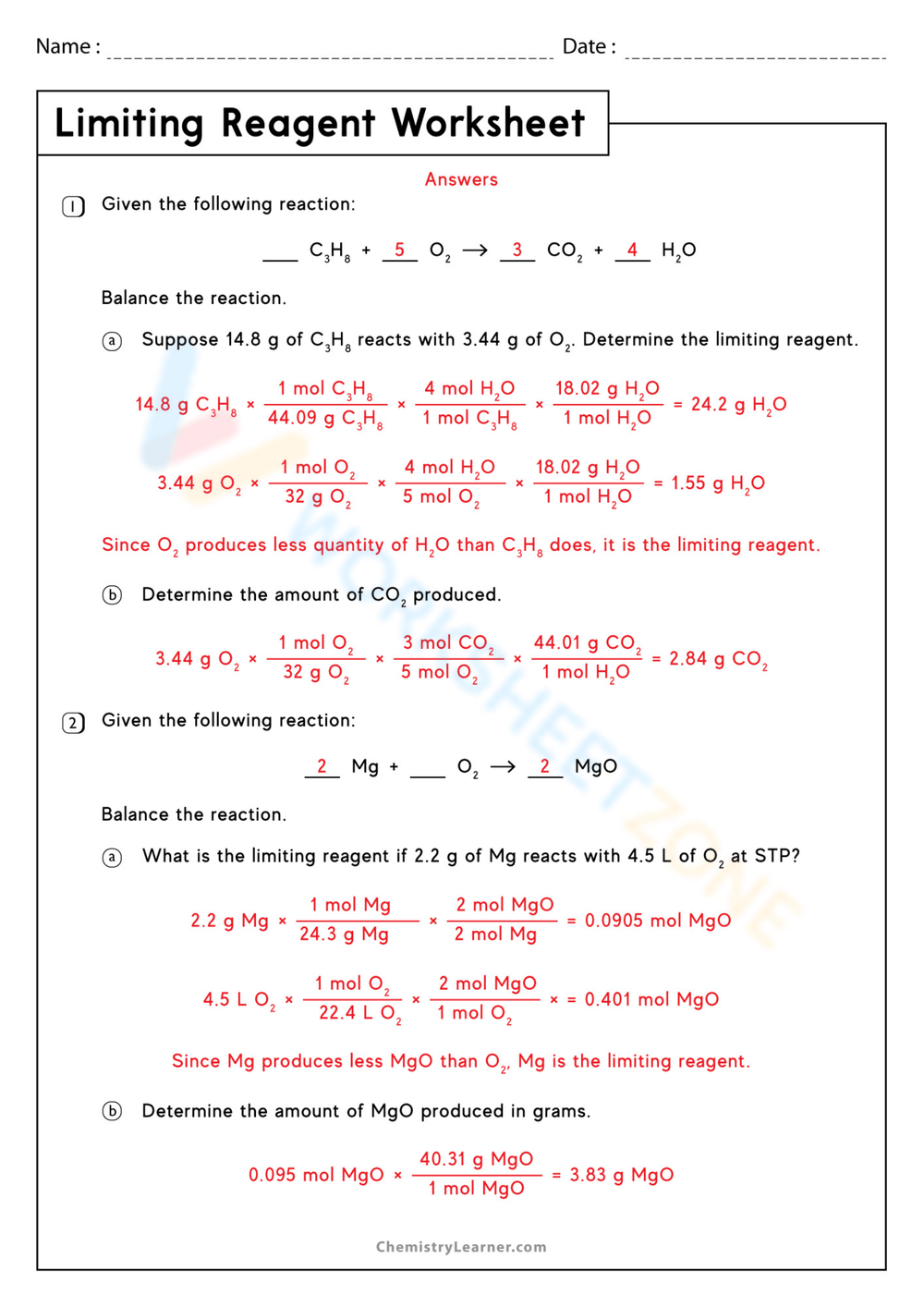 Limiting Reagent Worksheet Pdf