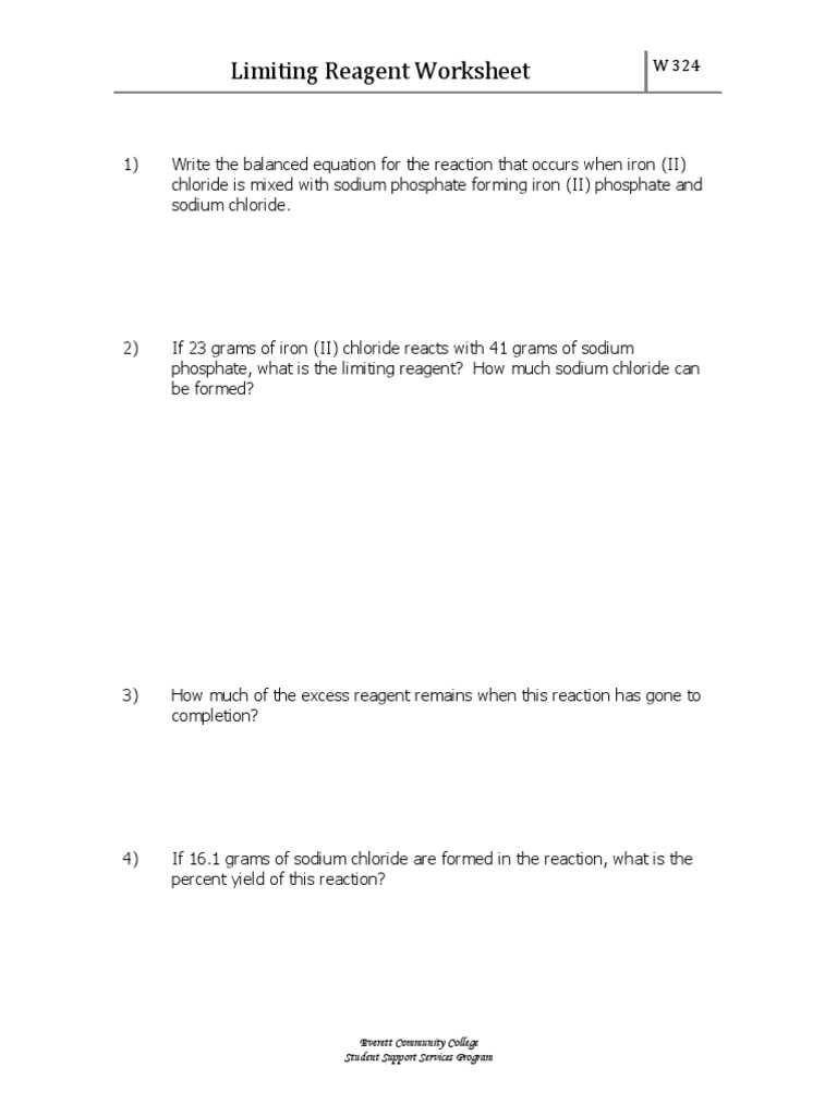 Limiting Reagent Worksheet W324