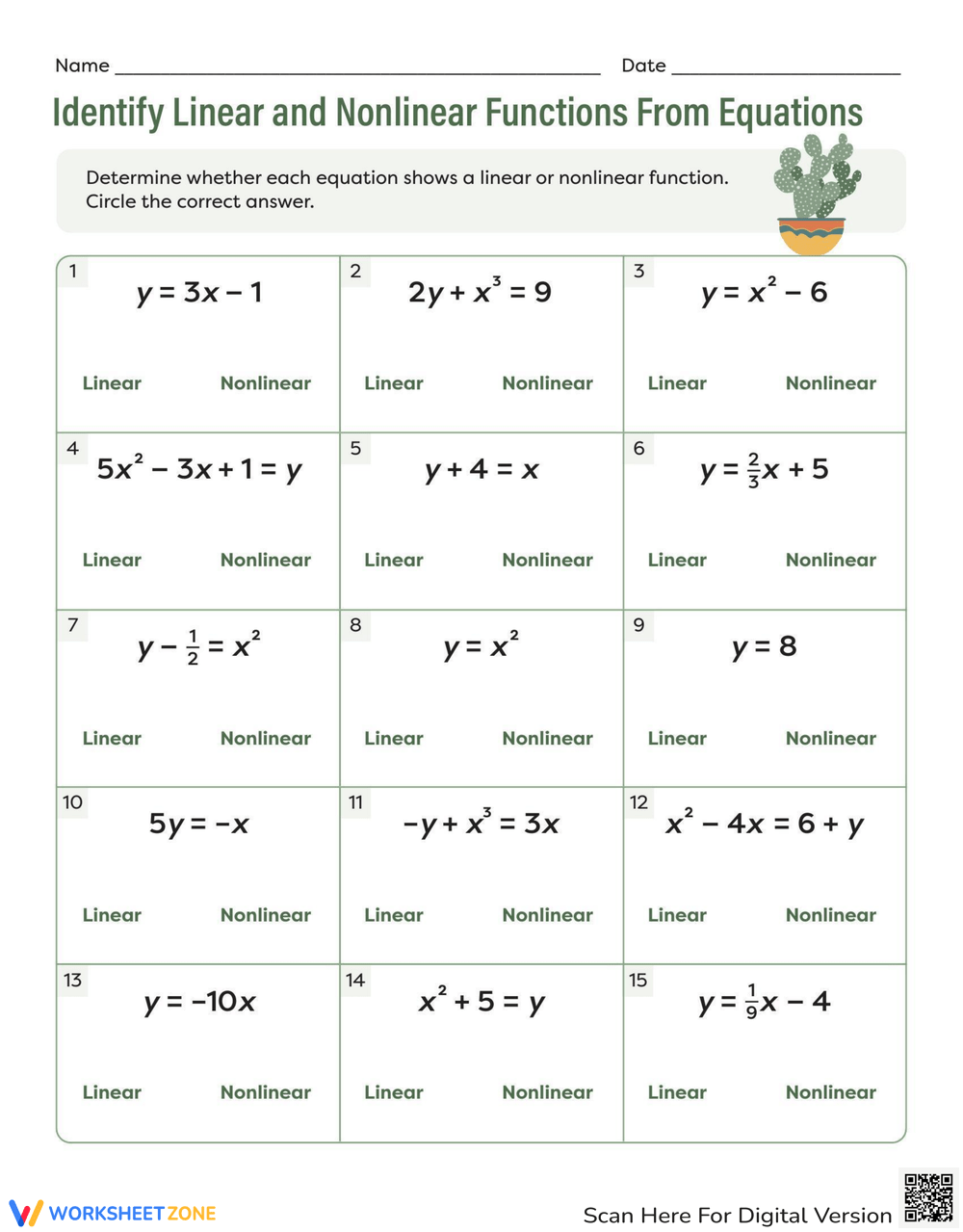 Linear And Nonlinear Equations Worksheet Equations Worksheets