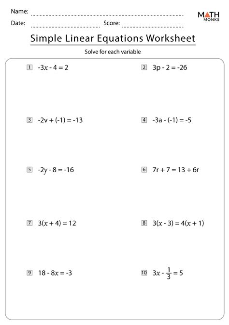 Linear Equation Worksheet Answer Key