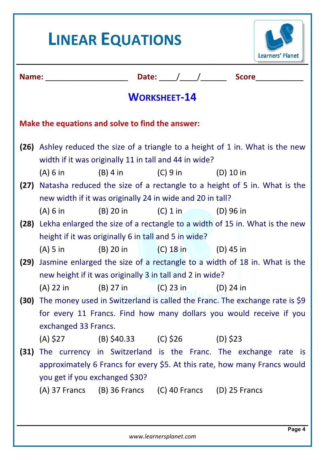 Linear Equations Word Problems Worksheets With Answer Key