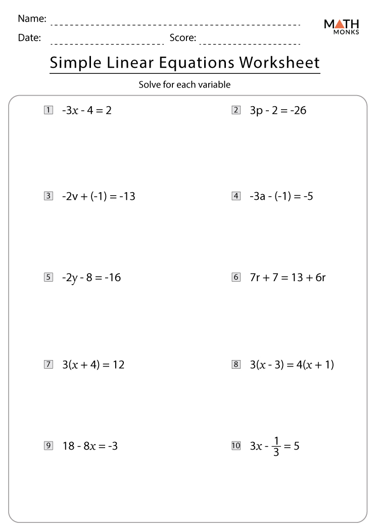 Linear Equations Worksheet 7Th Grade