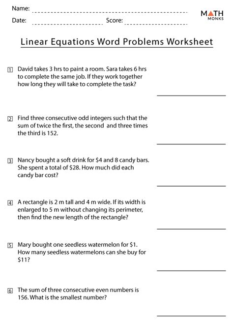 Linear Word Problems Worksheet With Answers Key